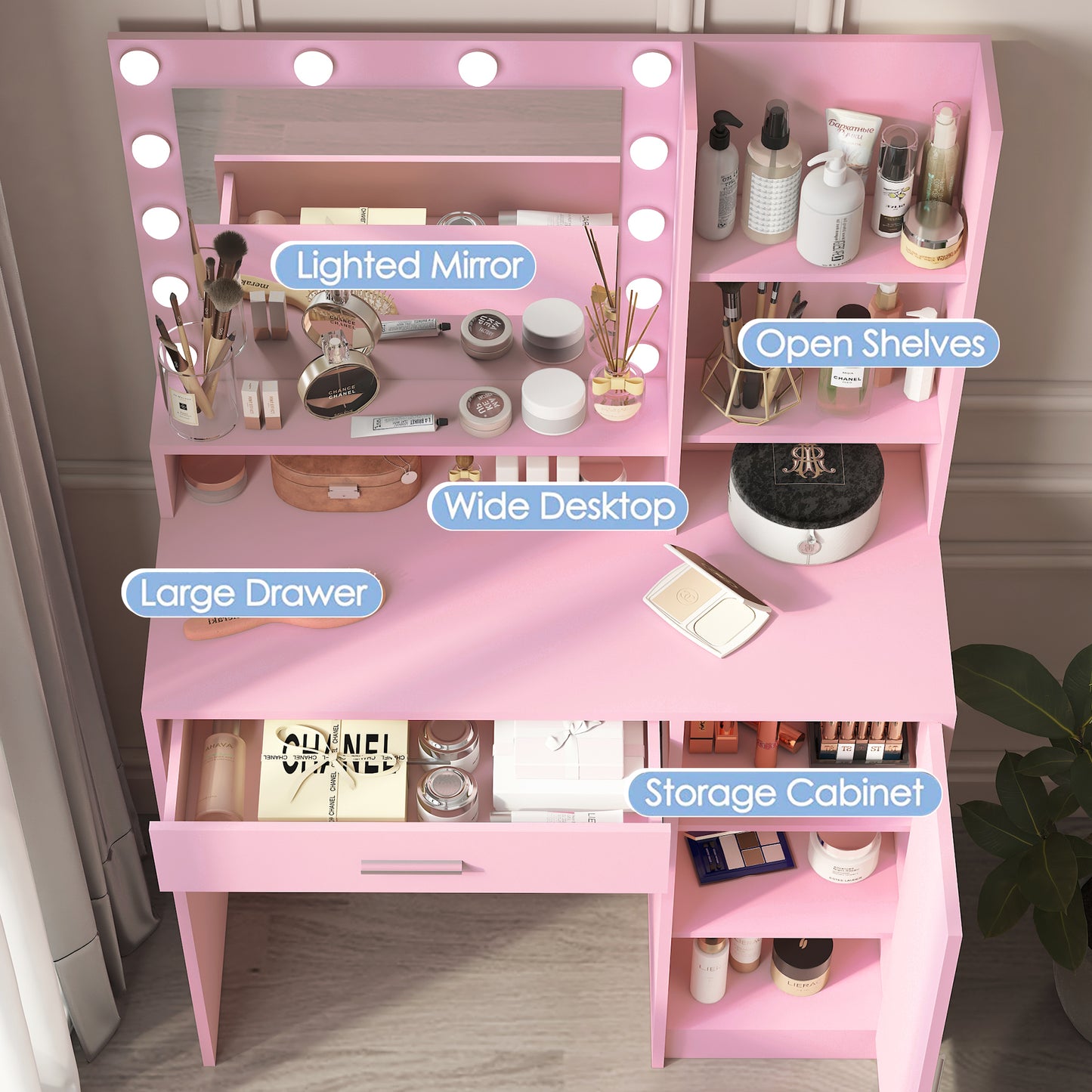 Vanity Desk with Mirror & Light, Large Drawer Three Level Storage Dresser, 3 Lighting Modes Adjustable Brightness, Bedroom Dressing Table(Pink) image 6