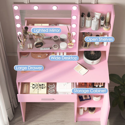 Vanity Desk with Mirror & Light, Large Drawer Three Level Storage Dresser, 3 Lighting Modes Adjustable Brightness, Bedroom Dressing Table(Pink) image 6