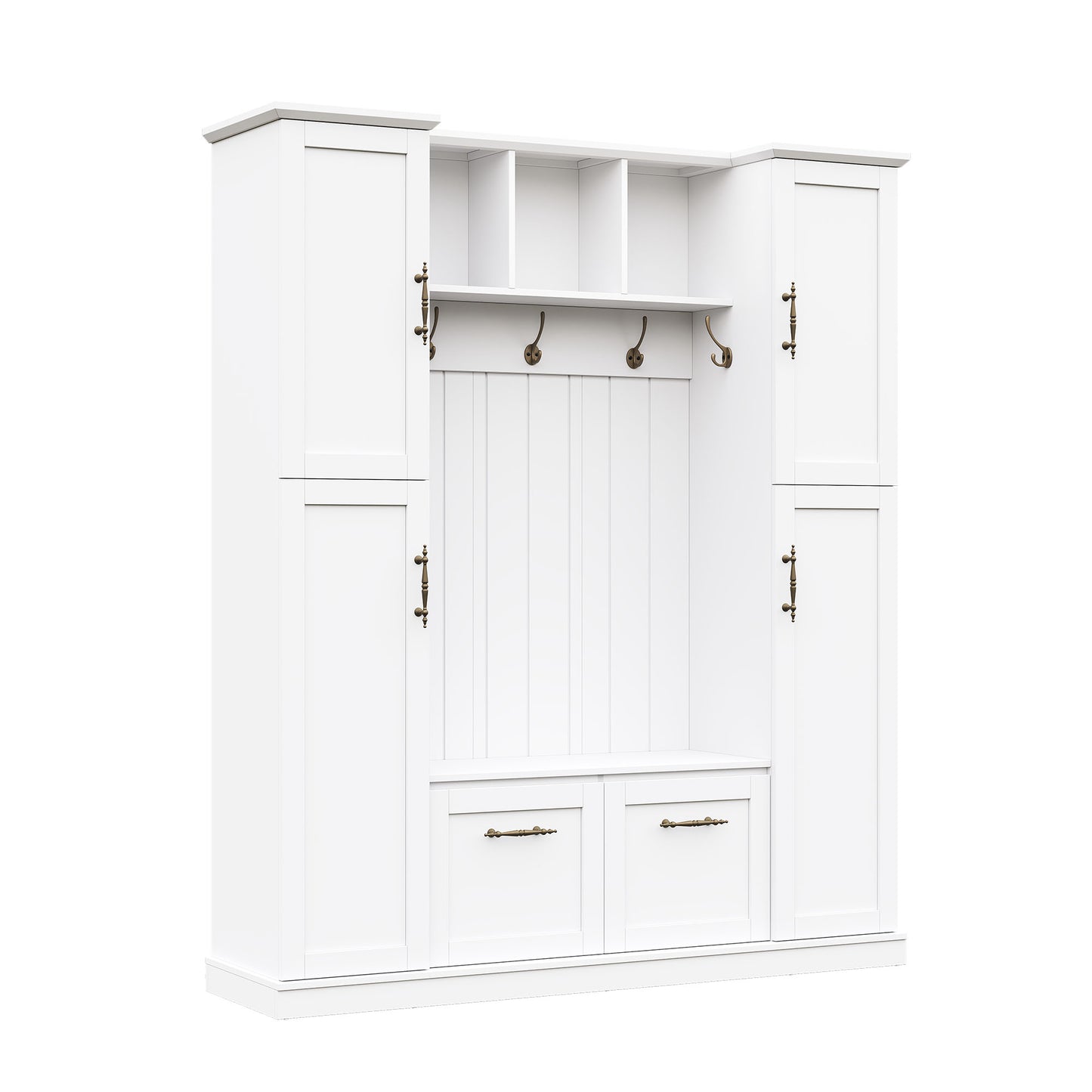 ON-TREND Farmhouse Elegant Hall Tree with 4 Side Cabinets, All-in-One Mudroom Furniture with Adjustable Shelves & Open Cubbies, Beadboard Entryway Bench with Coat Rack & 5 Hooks for Hallway, White image 8