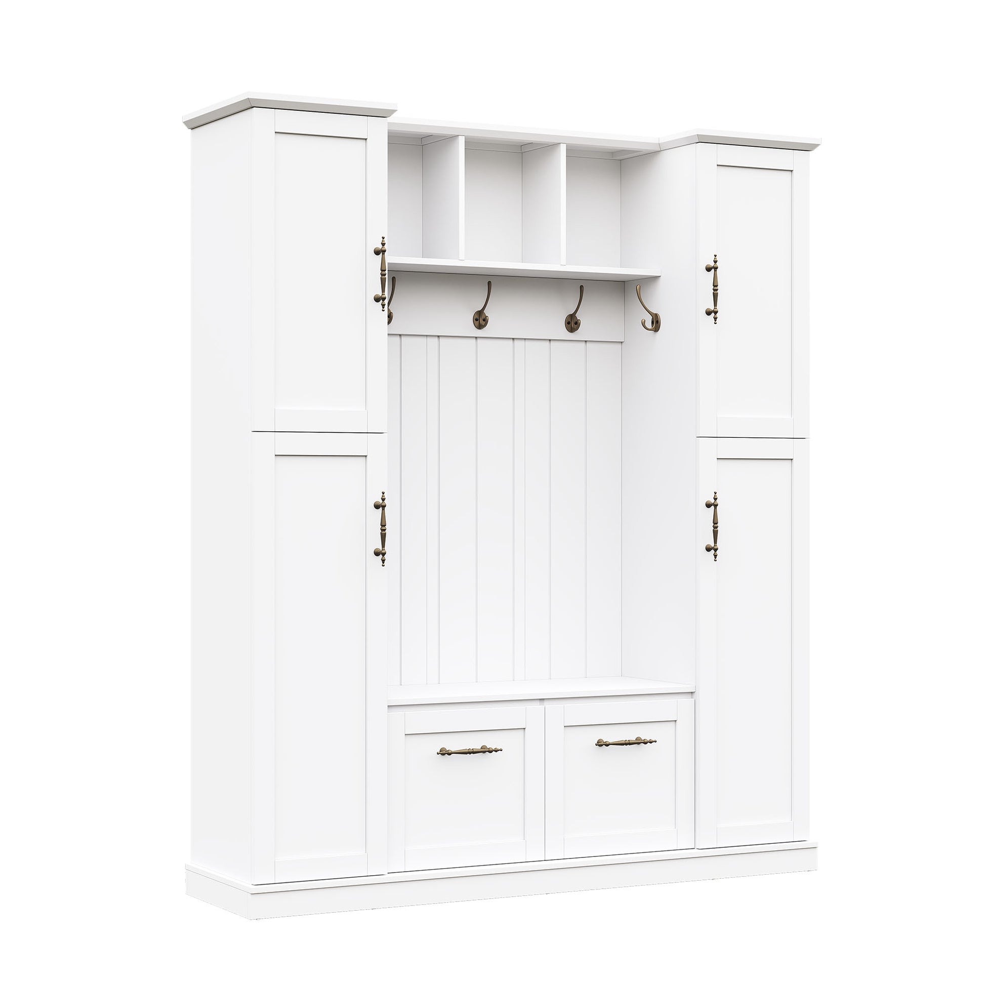 ON-TREND Farmhouse Elegant Hall Tree with 4 Side Cabinets, All-in-One Mudroom Furniture with Adjustable Shelves & Open Cubbies, Beadboard Entryway Bench with Coat Rack & 5 Hooks for Hallway, White image 8
