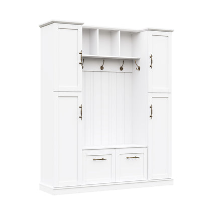 ON-TREND Farmhouse Elegant Hall Tree with 4 Side Cabinets, All-in-One Mudroom Furniture with Adjustable Shelves & Open Cubbies, Beadboard Entryway Bench with Coat Rack & 5 Hooks for Hallway, White image 8