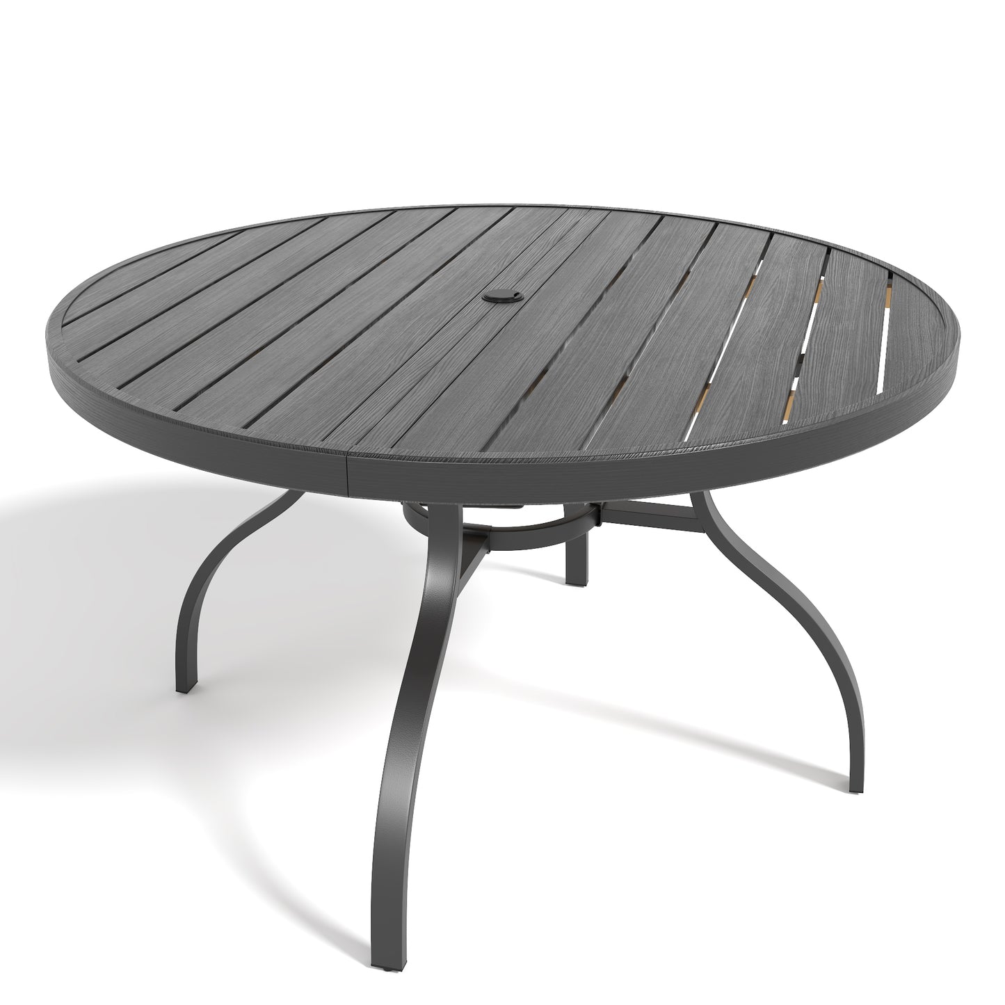 Round Faux Wood Slat Patio Table 47" with Umbrella Hole, Realistic Wood Grain Top + Matte Black High-Quality Iron Legs, Rust-Resistant Outdoor Dining Table for Garden Patio Balcony image 1