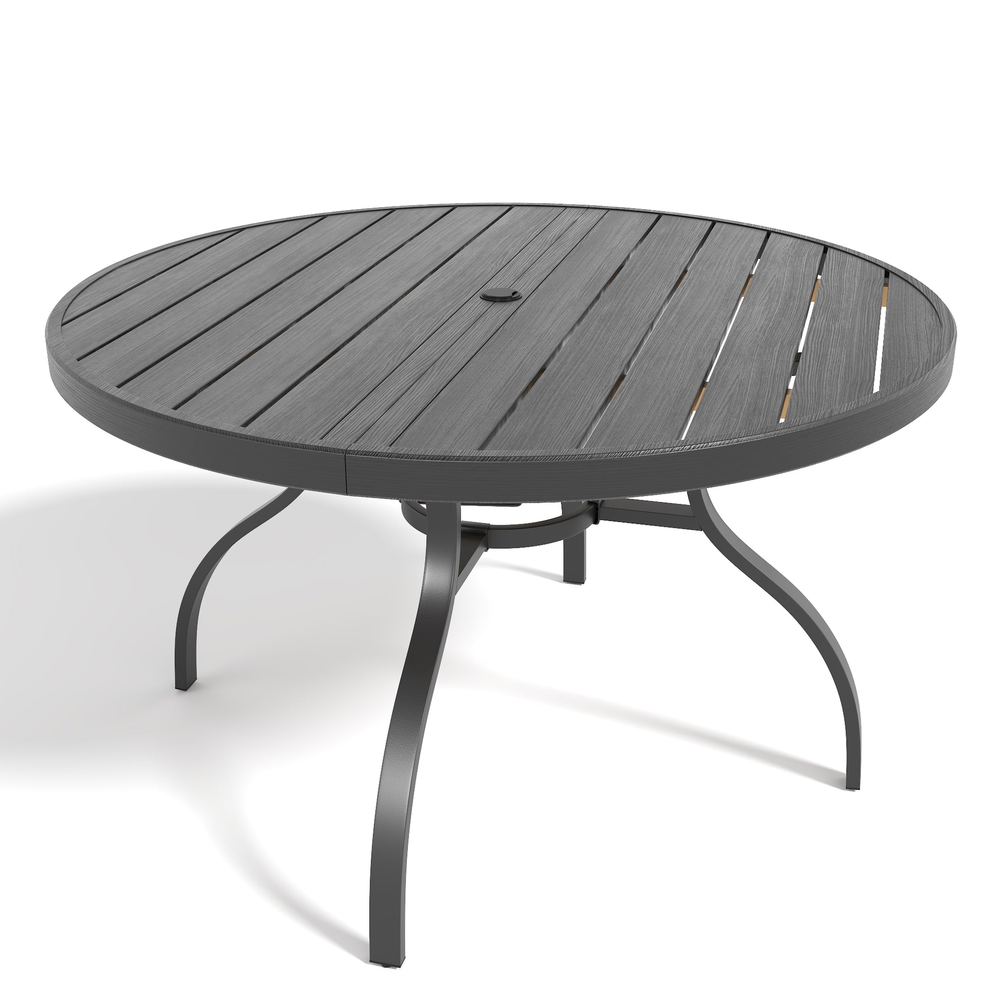 Round Faux Wood Slat Patio Table 47" with Umbrella Hole, Realistic Wood Grain Top + Matte Black High-Quality Iron Legs, Rust-Resistant Outdoor Dining Table for Garden Patio Balcony image 1