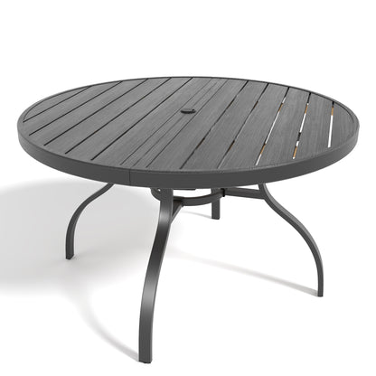 Round Faux Wood Slat Patio Table 47" with Umbrella Hole, Realistic Wood Grain Top + Matte Black High-Quality Iron Legs, Rust-Resistant Outdoor Dining Table for Garden Patio Balcony image 1