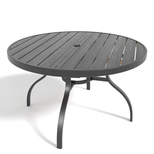 Round Faux Wood Slat Patio Table 47 inch with Umbrella Hole - Matte Black Iron Frame - Front View