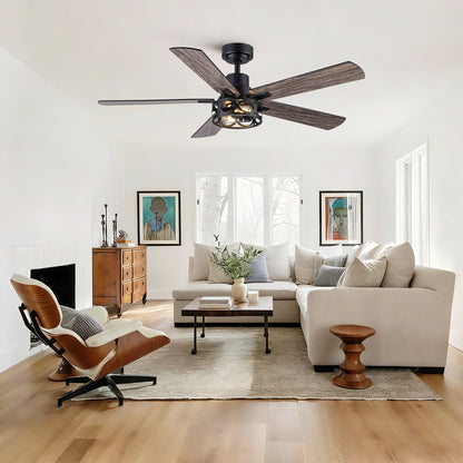 52" Modern Farmhouse Industrial Ceiling Fan with Light, Dual‑Sided Matte Black & Wood Grain Blades, Reversible DC Motor, 6‑Speed Timer Remote, Metal Cage, E12 Compatible, Bulbs Not Included image 5