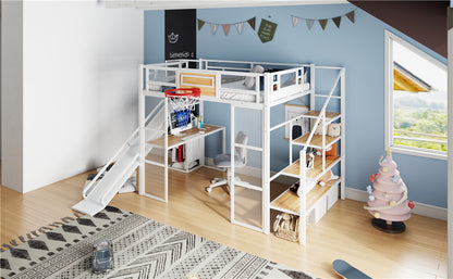 Full Size Metal Loft bed with Built-in Desk, Open Wardrobe, Basketball hoop, Slide and Staircase, White image 7