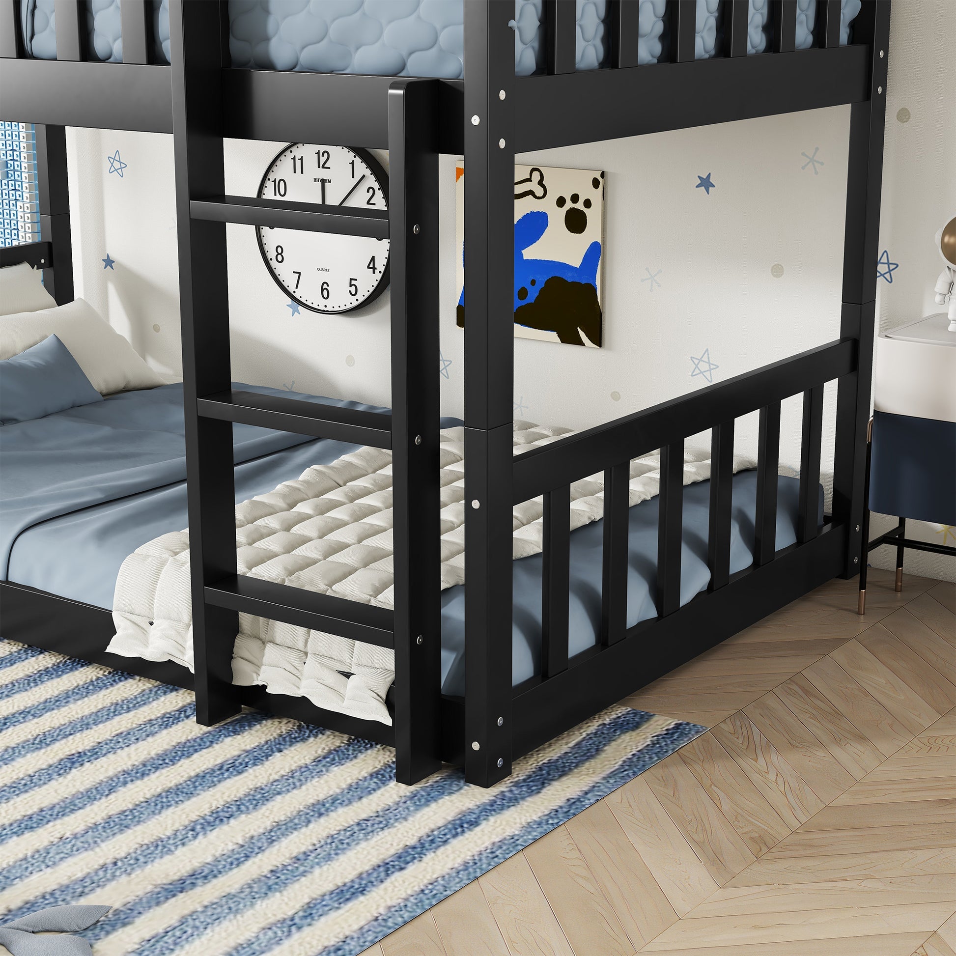 Twin Size Triple Rubber Wood Bunk Bed, with Ladders, Guardrails Detachable Bunk Bed, Twin over Twin over Twin,Black image 7