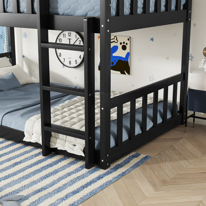 Twin Size Triple Rubber Wood Bunk Bed, with Ladders, Guardrails Detachable Bunk Bed, Twin over Twin over Twin,Black image 7