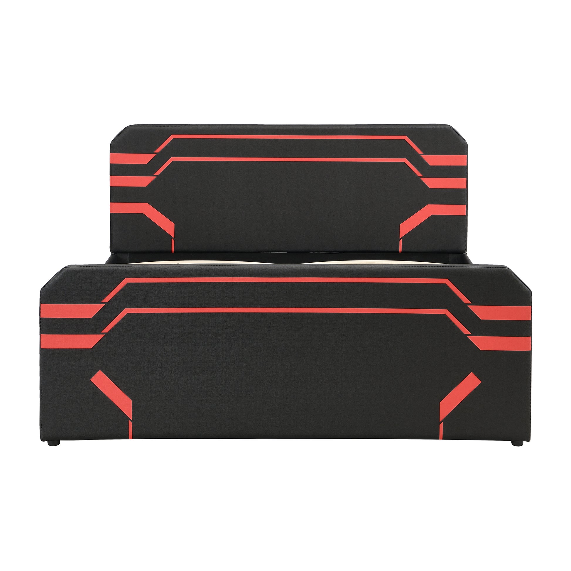 Queen Size Upholstered Gaming Bed with Side-Lift Hydraulic Storage System, Cyberpunk Style Platform Bed with Futuristic Pattern for Gamers & Gen Z, Black+Red image 12