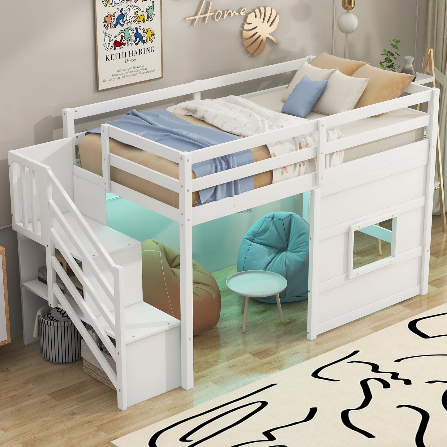 Twin Size Loft Bed with Storage Staircase and Window, With LED Light, White image 3