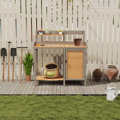Outdoor Potting Bench, Wooden Workstation Table with Cabinet for Backyard Garden Supplies