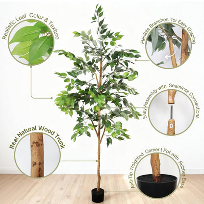 6FT Artificial Ficus Tree with Natural Trunk in Black Plastic Pot for Indoor Home Office Decor, 1pc/set image 8