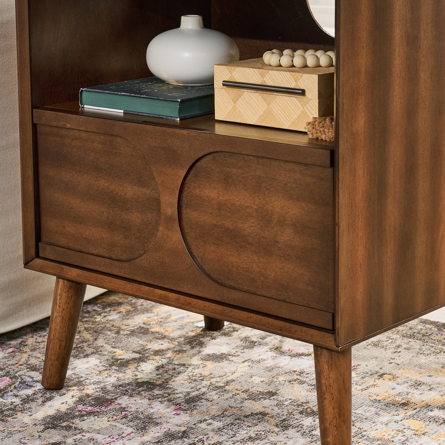 Mid Century Modern Fluted Nightstand with Charging Station USB Ports & Outlet Hole & 4 Solid Wood Legs, Farmhouse End Table with Open Space and Drawer Dresser, Walnut image 8