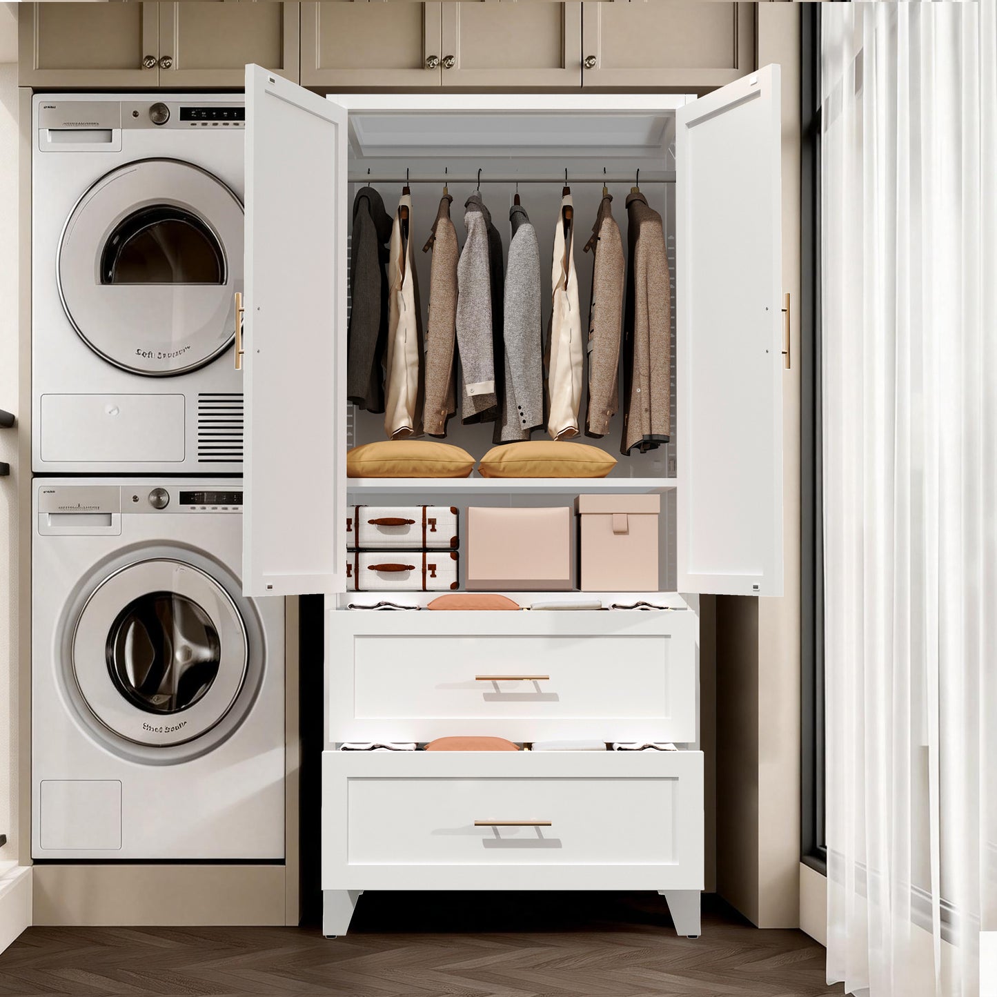 71" Tall Metal Wardrobe Cabinet with 2 Drawers and Hanging Rod, 2 Doors Wardrobe Closet with Shelf for Bedroom, Office, Laundry Room,Entryway,Foyer,Guesthouse (White) image 7