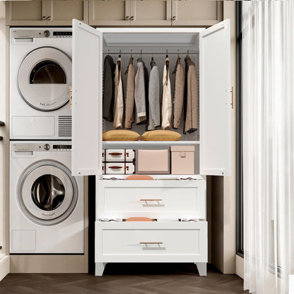 71" Tall Metal Wardrobe Cabinet with 2 Drawers and Hanging Rod, 2 Doors Wardrobe Closet with Shelf for Bedroom, Office, Laundry Room,Entryway,Foyer,Guesthouse (White) image 7