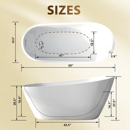 59"Special-shaped Freestanding Slipper Bathtub: Gloss White Finish, Chrome Overflow & Pop-Up Drain, cUPC Certified image 7