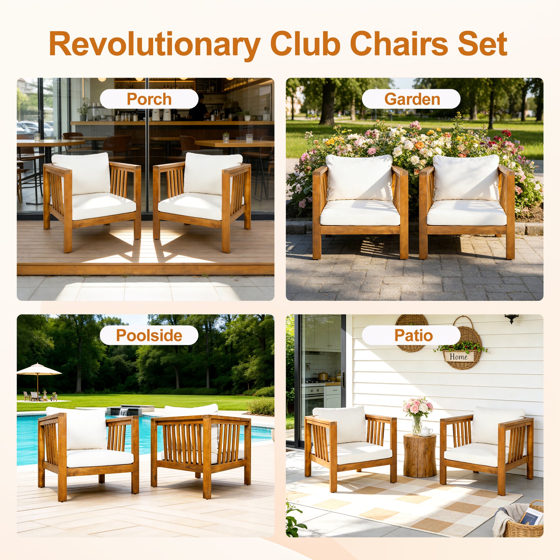 Set of 2 Outdoor Acacia Wood Club Chairs with Modern Square Arms, 2-Piece Patio Conversation Set with Thick Cushions, Adjustable Leveling Feet for Poolside, Backyard & Deck, Beige Cushions image 7