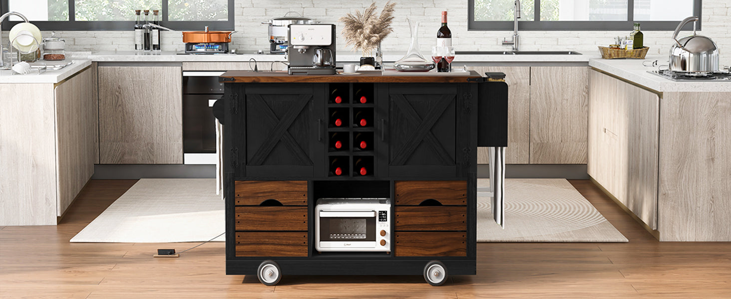K&K 54" Farmhouse Kitchen Island with Drop Leaf, Power Outlet, Kitchen Storage Cart with 2 Doors, 2 Drawers, Rolling Kitchen Island on 4 Large Wheels with Spice Rack for Kitchen, Dining Room, Black image 4