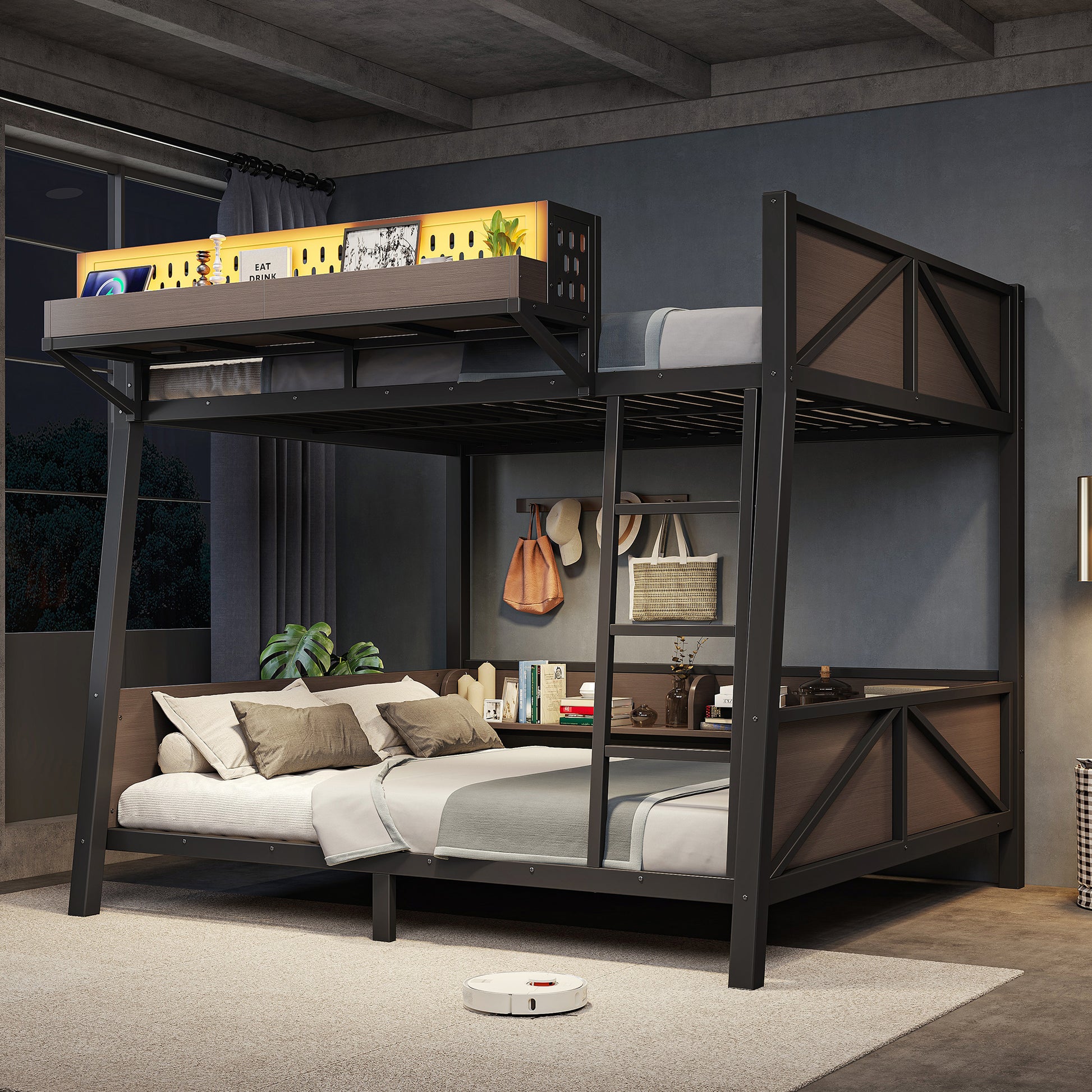 Full Bunk Bed with Storage Shelves,Twin Size Metal Bunk Bed Frame with LED Light and USB Ports For Kids,Teens.Black image 2
