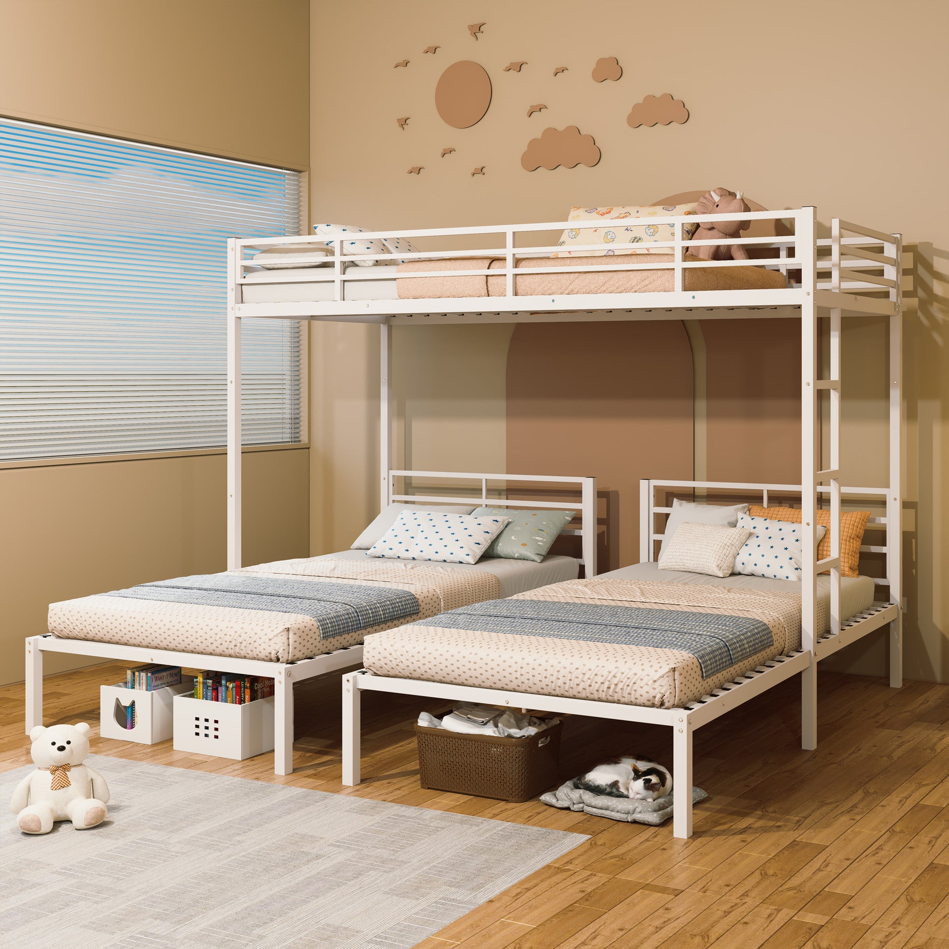Triple Bunk Bed for Kids,3 Bed Bunk Beds for 3,Metal Triple Bunk Beds,Separates Into 3 Twin Beds,Noise Reduced Structure,White image 1