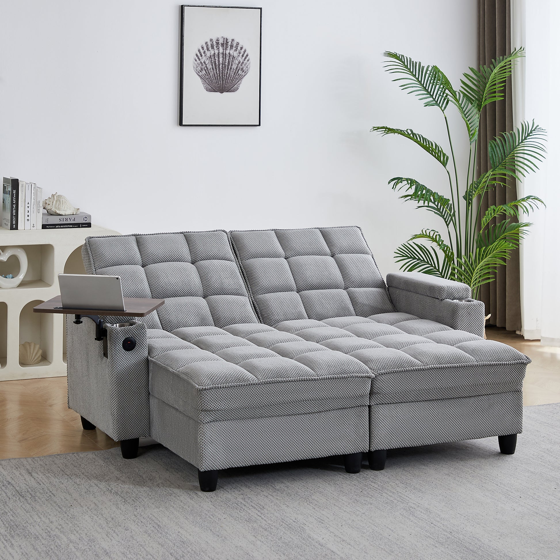 Light Grey Sofa,Sleeper Sofa Bed with 6-Position Adjustable Backrest,USB Ports, Cup Holder and Swivel Side Table image 6