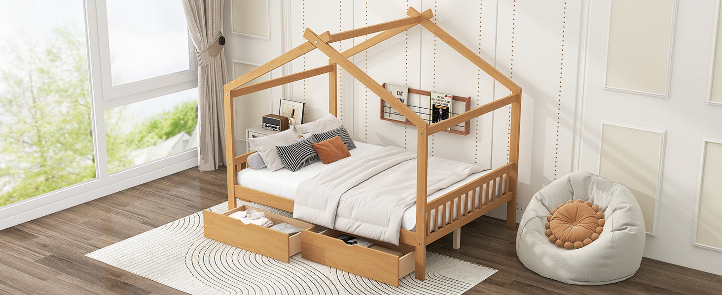 Full Size House Platform Bed with Two Drawers,Headboard and Footboard,Roof Design,Natural image 7