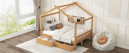 Full Size House Platform Bed with Two Drawers,Headboard and Footboard,Roof Design,Natural image 7