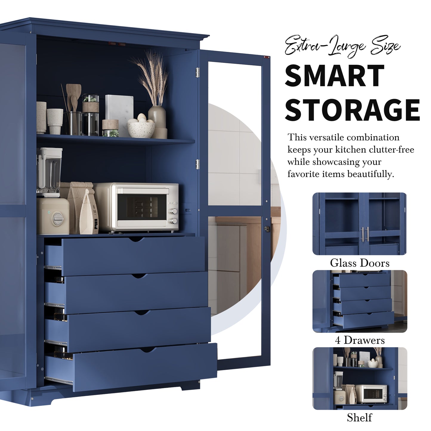 TOPMAX 44.7x20x75inch Kitchen Pantry, Freestanding Kitchen Storage Cabinet Display Cabinet with Glass Doors and 4 Built-in Drawers for Living Room, Home Office, Blue image 8