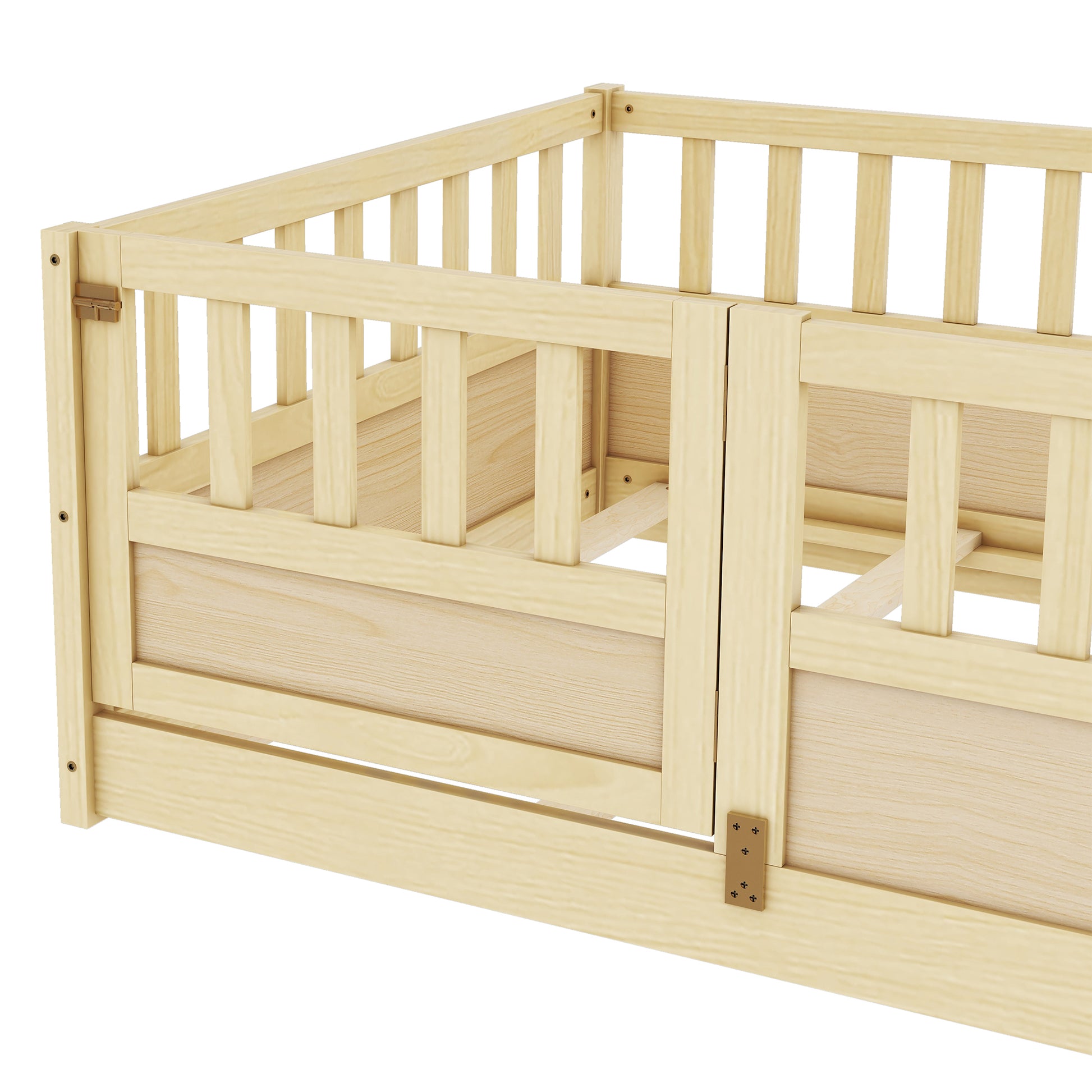 Twin Size Floor bed, integral construction with super high security barrier, door, children's floor bed frame, Montessori wooden children's floor bed, Support slat Natural Wood(Patented model) image 11