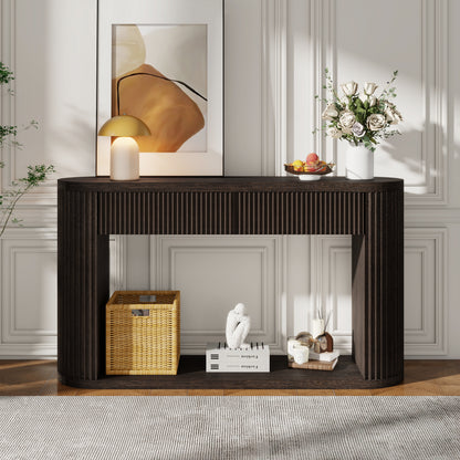 TREXM Oval Fluted Console Table with 2 Drawers and Bottom Shelf, Wood Entryway Table with Smooth Metal Slides for Living Room, Entryway (Espresso) image 8