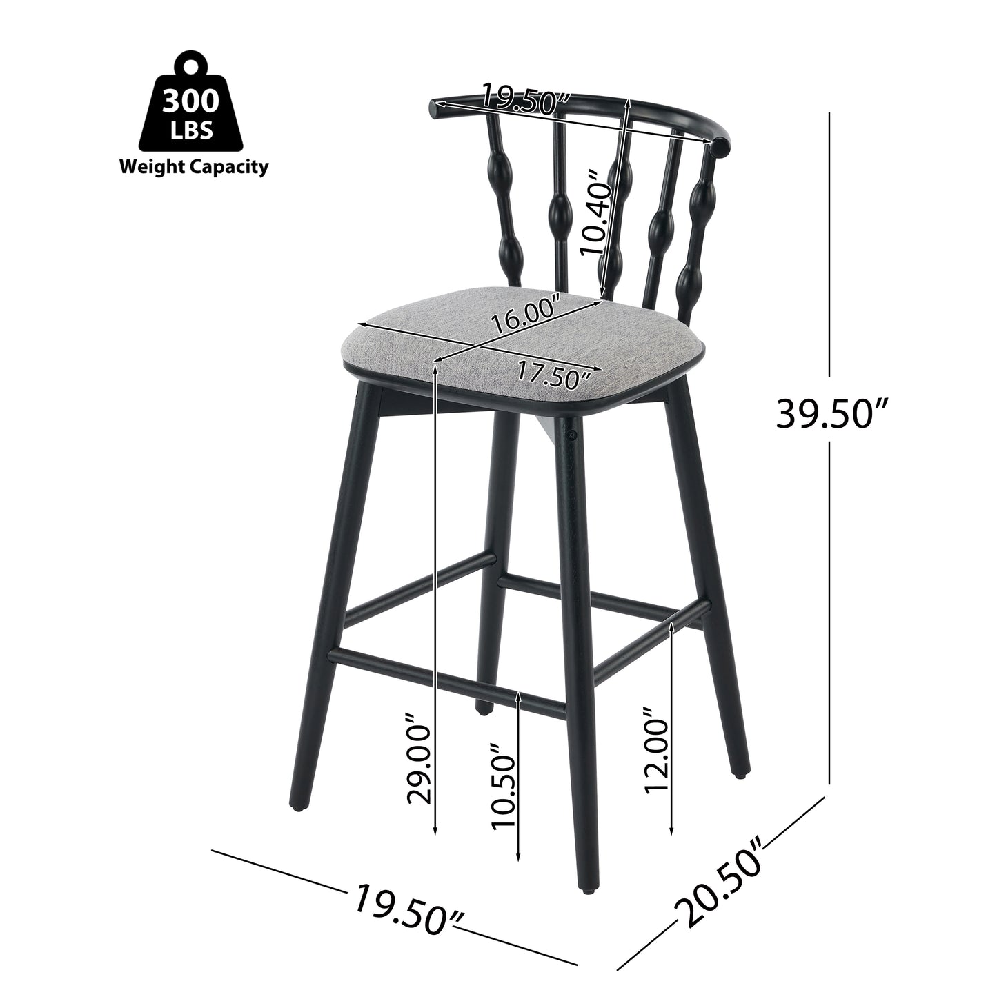 Doria Indoor Wooden Barstool, Black Finish With Grey Upholstery, Set of 2 image 4