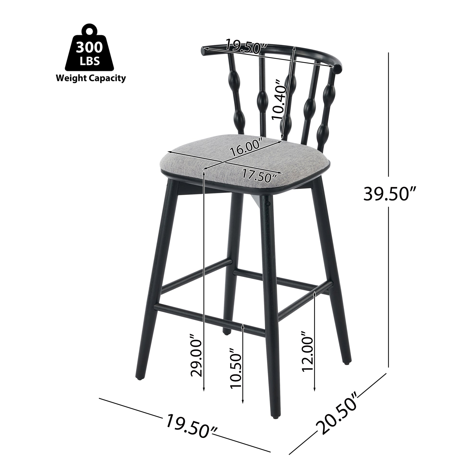 Doria Indoor Wooden Barstool, Black Finish With Grey Upholstery, Set of 2 image 4