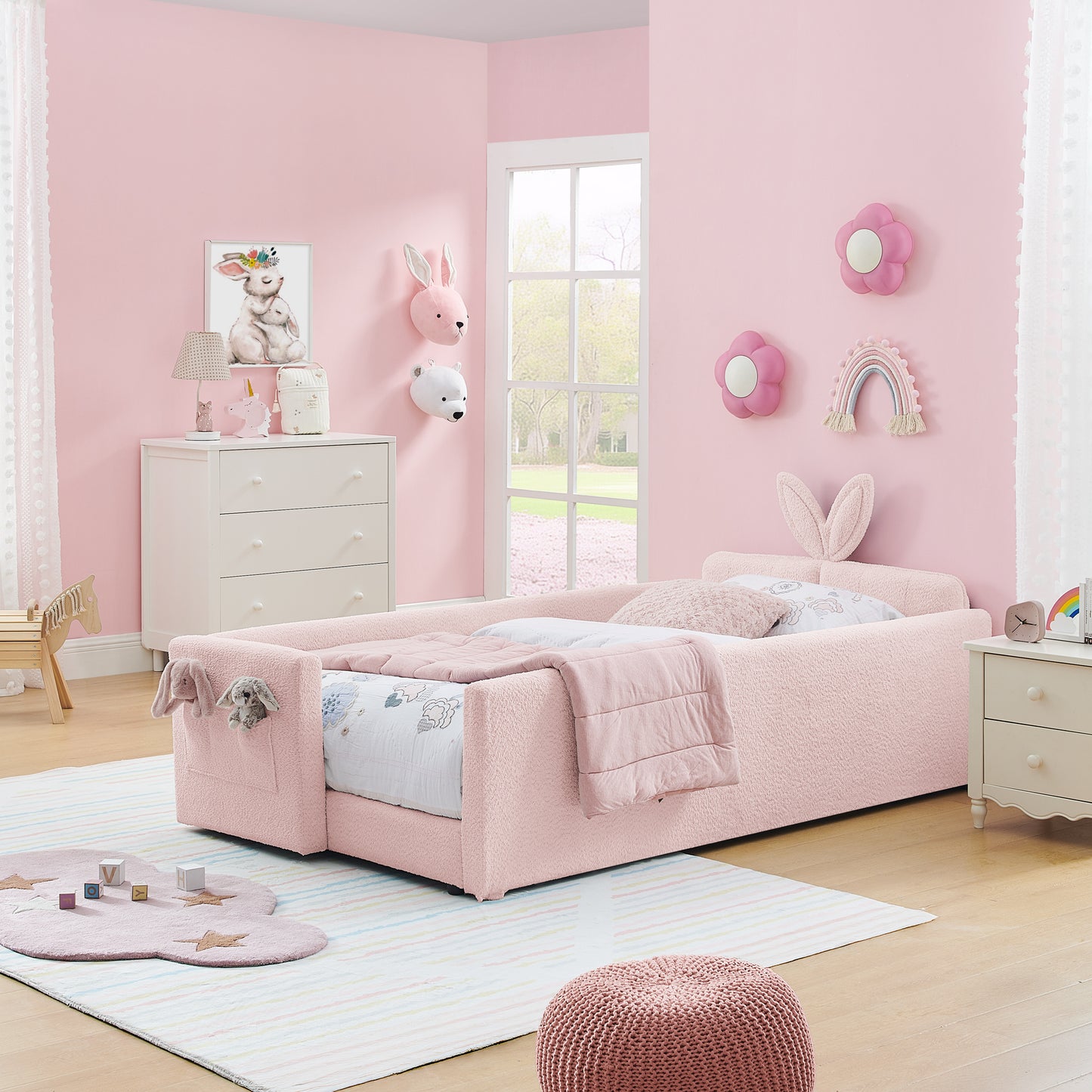 Twin Size Upholstered Platform Bed with Cute Rabbit Ear Shaped Headboard, with Safety Rail and Pocket, Boucle Fabric, Pink image 1