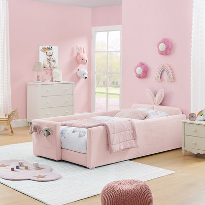 Twin Size Upholstered Platform Bed with Cute Rabbit Ear Shaped Headboard, with Safety Rail and Pocket, Boucle Fabric, Pink image 1