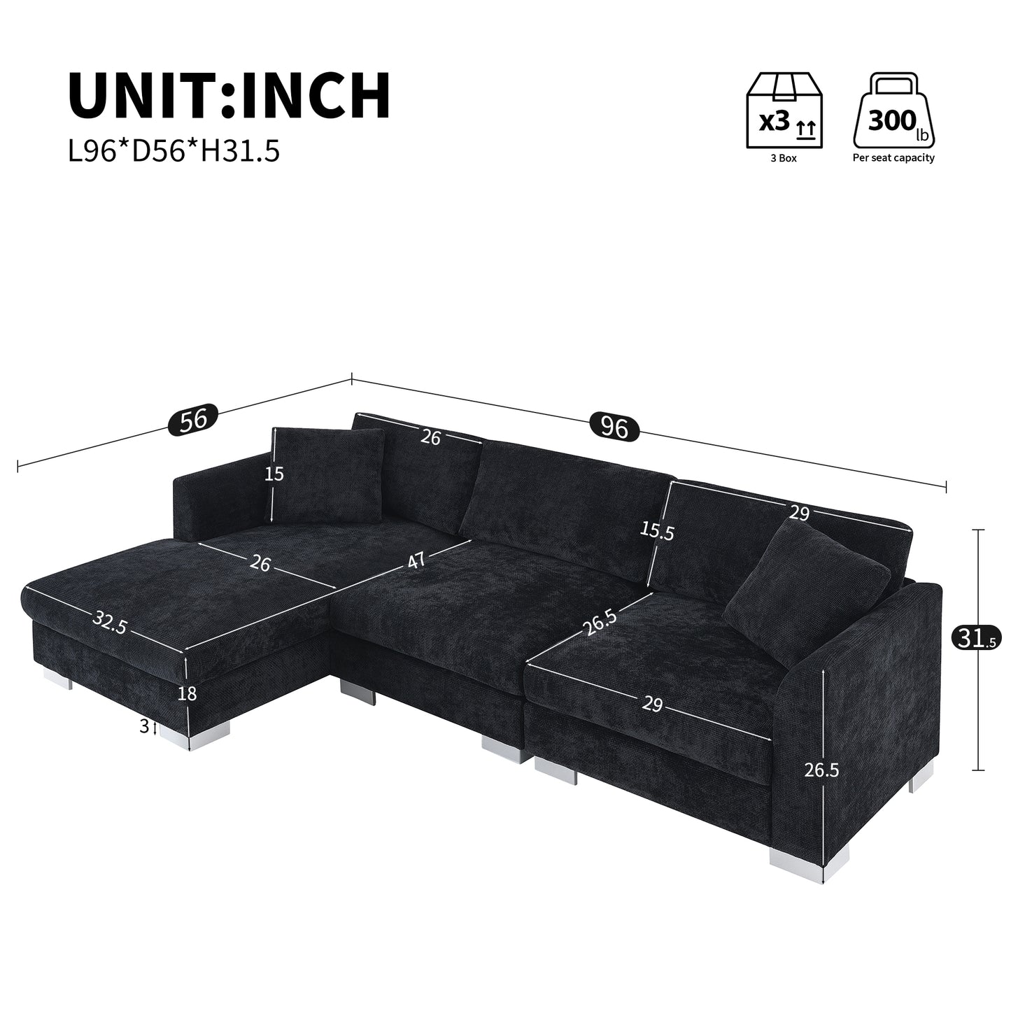 [NEW SKU of N723S6037B]96" Modern Cloud Sectional Sofa, L-shaped Luxury Couch Set with 2 Free pillows, 4-seat Chenille Indoor Furniture with Oversized Chaise for Living Room, Apartment, Office image 5