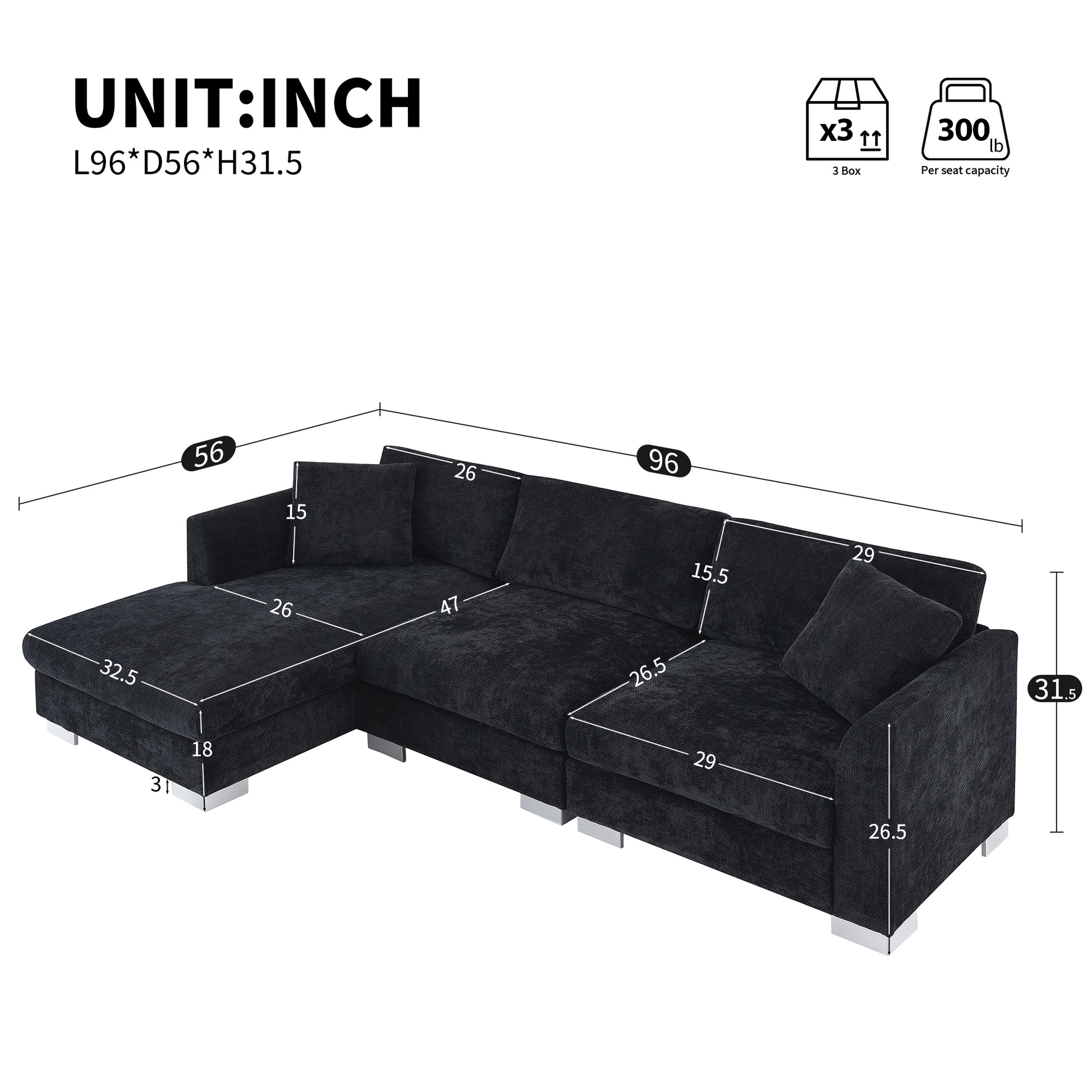 [NEW SKU of N723S6037B]96" Modern Cloud Sectional Sofa, L-shaped Luxury Couch Set with 2 Free pillows, 4-seat Chenille Indoor Furniture with Oversized Chaise for Living Room, Apartment, Office image 5
