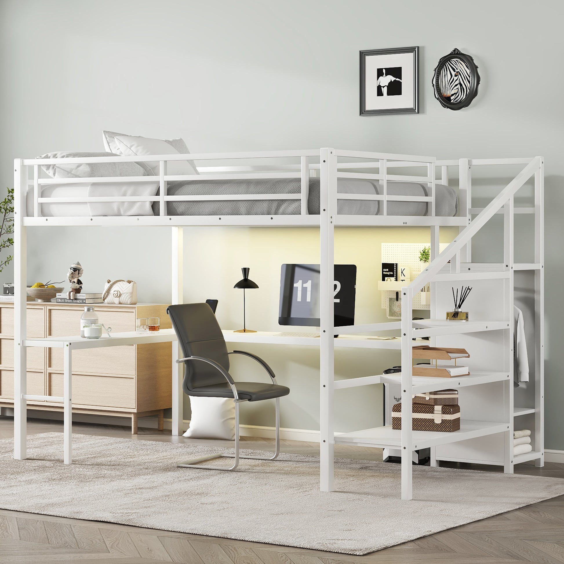 Queen Size Loft Bed with L-shaped Desk and USB, Metal Loft Bed with Wardrobe and Adjustable Shelf, High Loft Bed with LED for Kids Teens Adults, White image 2