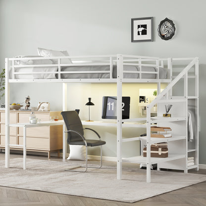 Queen Size Loft Bed with L-shaped Desk and USB, Metal Loft Bed with Wardrobe and Adjustable Shelf, High Loft Bed with LED for Kids Teens Adults, White image 2
