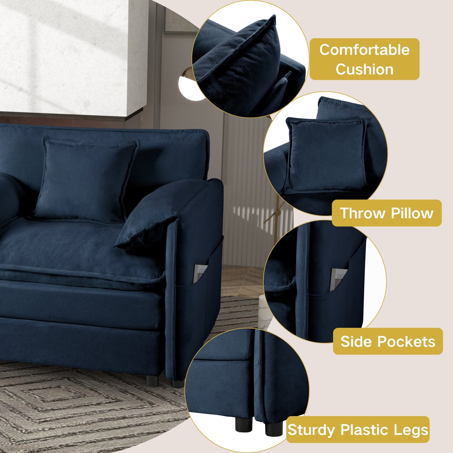 Oversized 41.73" Sofa Chair, Modern Upholstered Armchair with 1 Toss Pillow, Modular Sectional Sofa for Living Room, Deep Seat Reading Sofa for Bedroom Apartment, DIY Combination Chenille,Blue image 5