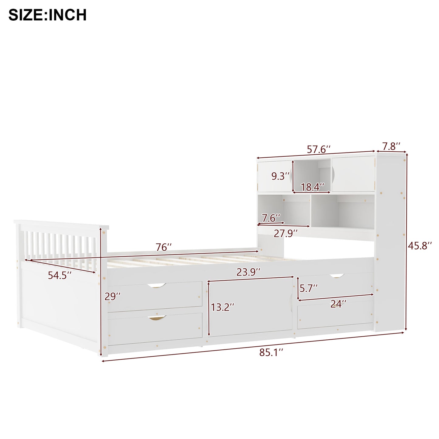 Full Size Captain Platform Bed Frame with Storage Bookcases and Shelves,Four Drawers,White image 5