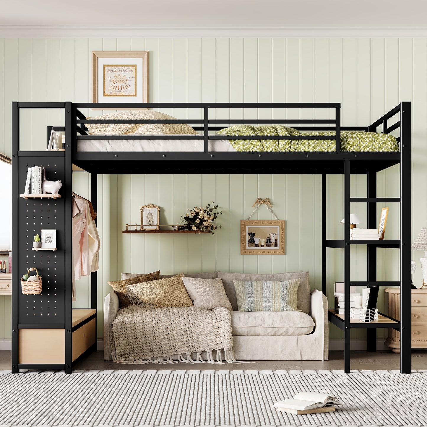 Queen size Loft Bed Frame with Wardrobe,Metal Loft Bed with Storage Shelves and Pegboard,Black image 2