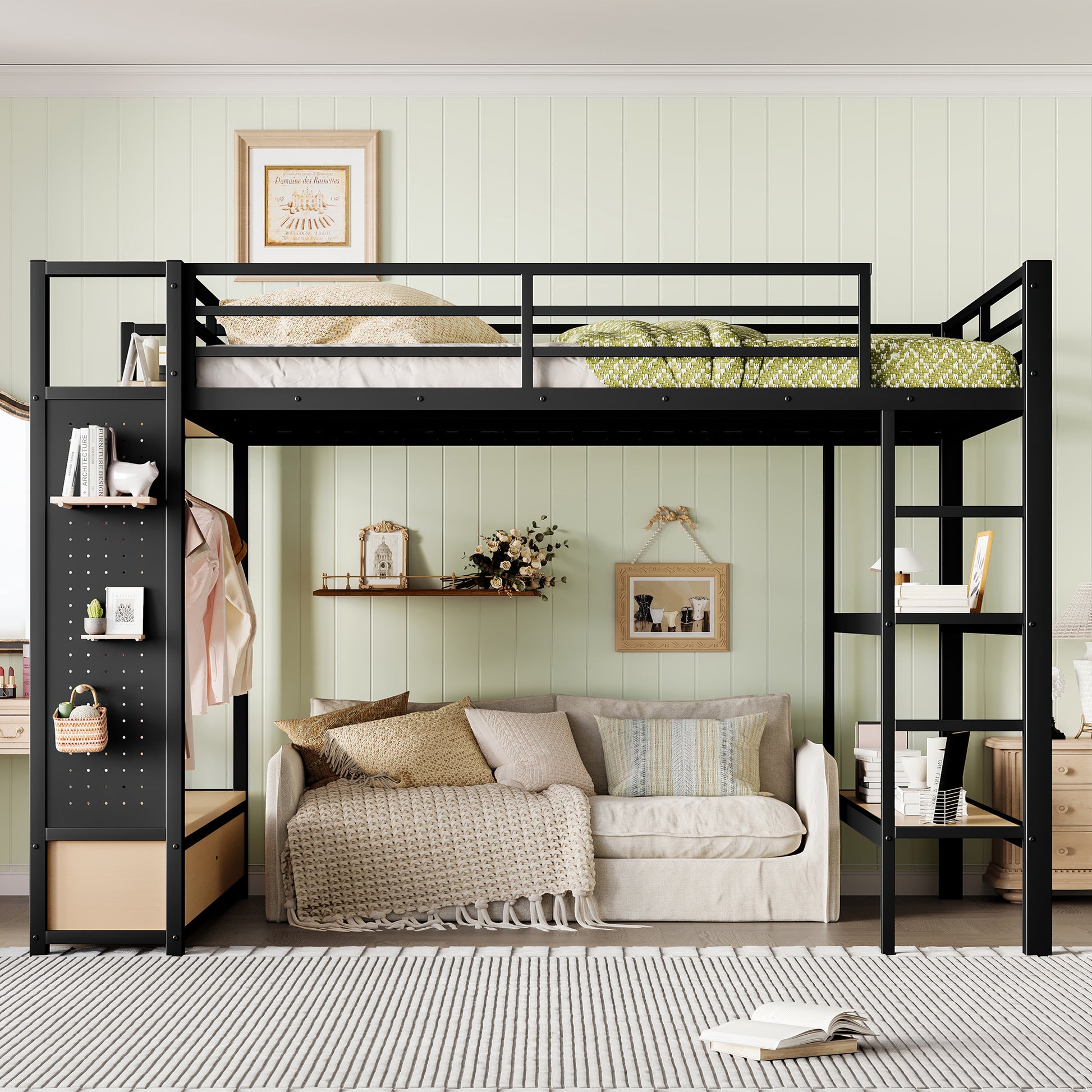 Queen size Loft Bed Frame with Wardrobe,Metal Loft Bed with Storage Shelves and Pegboard,Black image 2