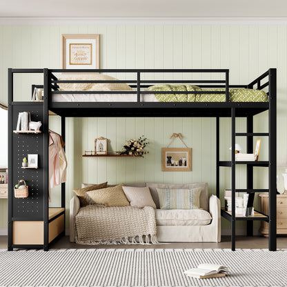 Queen size Loft Bed Frame with Wardrobe,Metal Loft Bed with Storage Shelves and Pegboard,Black image 2