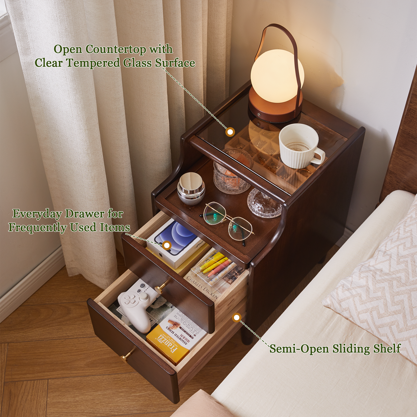 Solid Wood Nightstand with Two Drawers and Pull-out Panel Storage Bedside Table and Sofa Side Table image 9