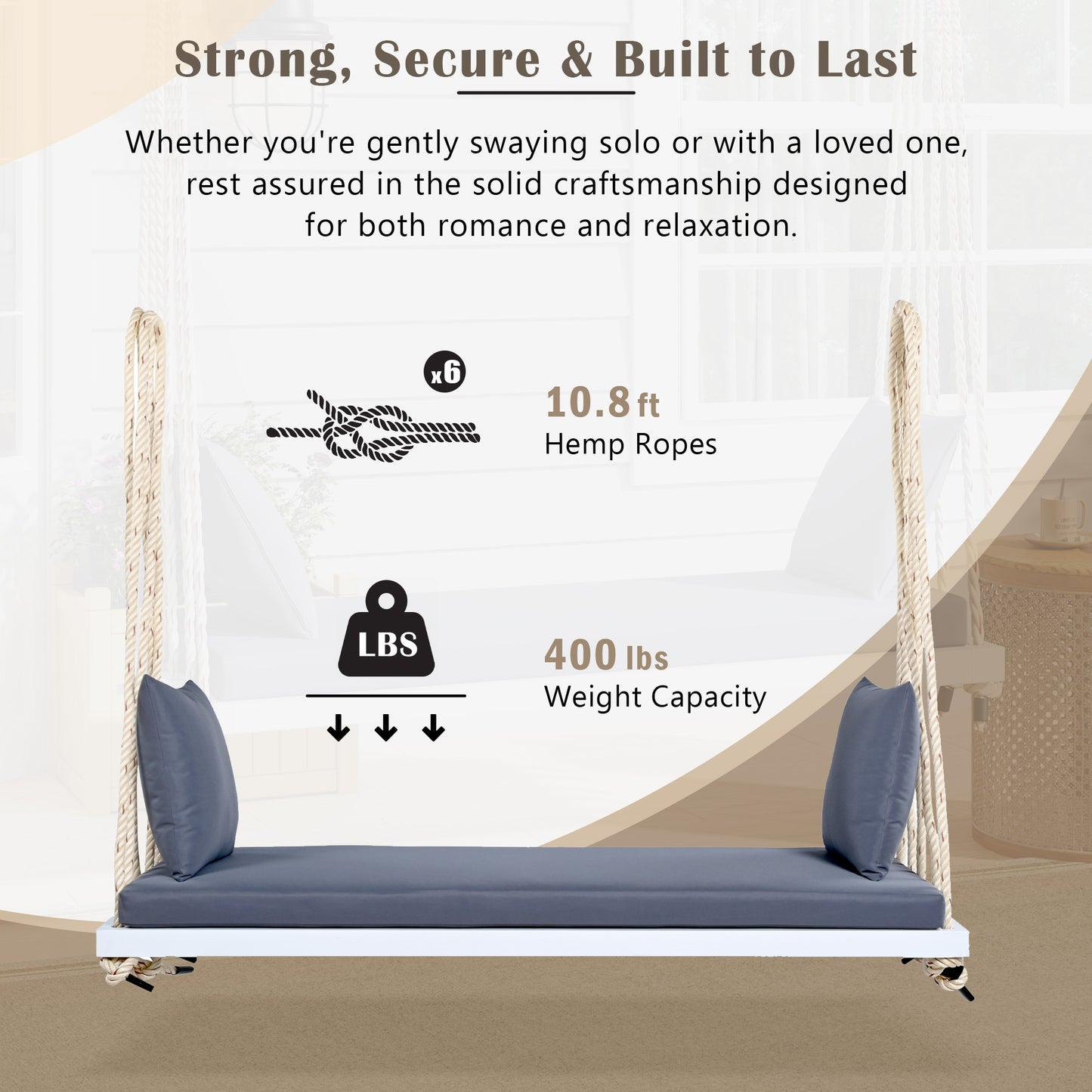 TOPMAX Patio Wooden Swing Chair, Hanging Porch Swing Bench with Cushion&Pillows, 10.8Ft Hemp Ropes for Garden,Backyard, Lawn,White image 7