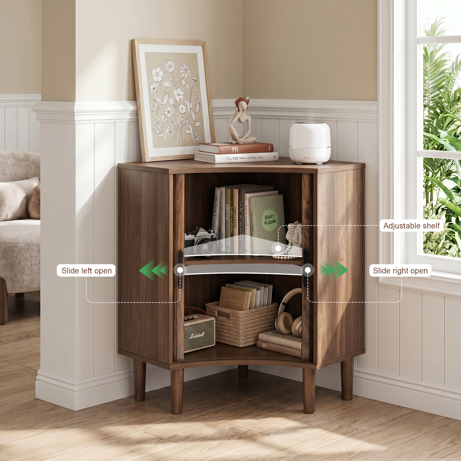 Fluted Corner Cabinet, Small Corner Floor Cabinet with Sliding Doors and Adjustable Shelves, Modern Wooden Freestanding Narrow Storage Cabinet for Small Space,Living Room,Dining Room,Bathroom, Walnut image 5