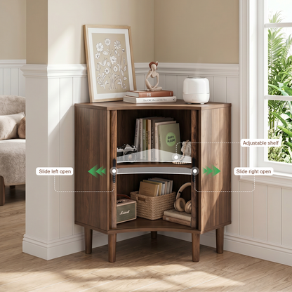 Fluted Corner Cabinet, Small Corner Floor Cabinet with Sliding Doors and Adjustable Shelves, Modern Wooden Freestanding Narrow Storage Cabinet for Small Space,Living Room,Dining Room,Bathroom, Walnut image 5