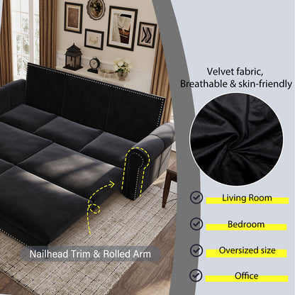 Chesterfield Sofa,93.7" King Pull Out Sofa Bed,3-in-1 Velvet Convertible Sleeper Sofa with Nailhead Trim & Rolled Arm,Multi-Functional Sofa Bed for Black (Old sku:W1885S00039/W1885S00100) image 7