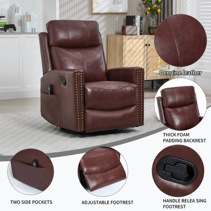 Wine Red Genuine Leather Heat Massage Manual Recliner Chair with Rocker and Swivel for Living Room image 10